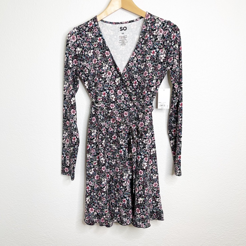 SO Black Pink Floral Long Sleeve Tie Waist Mini Dress NWT XS